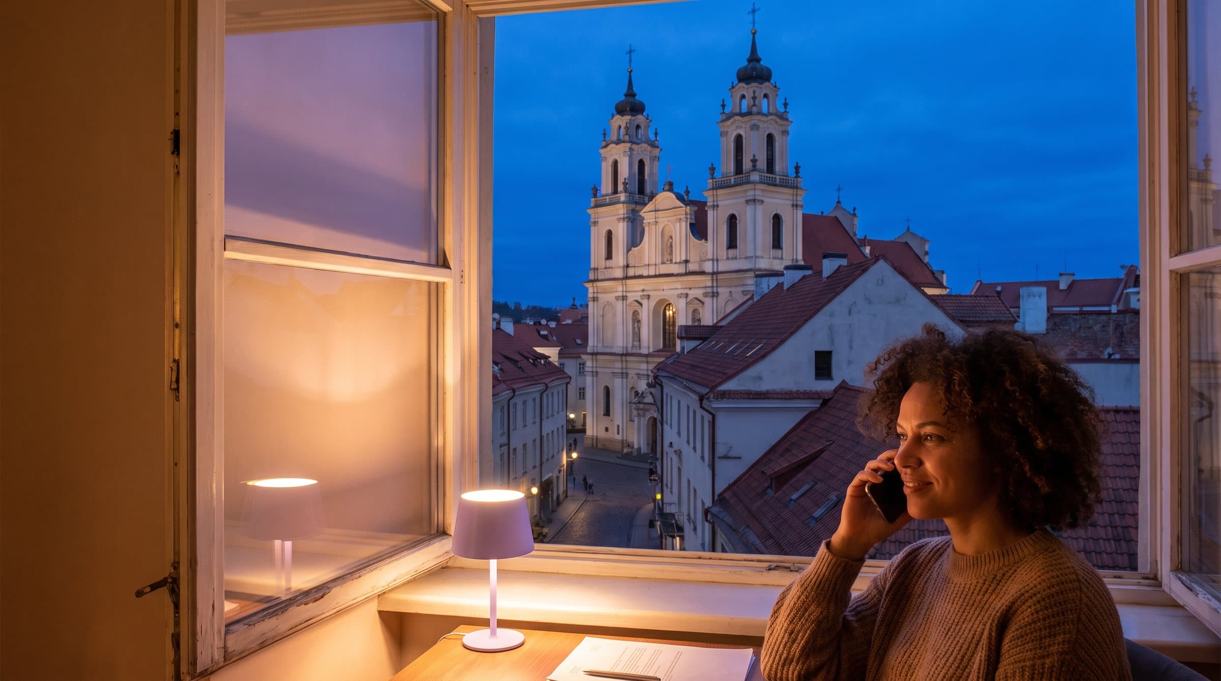 Barokiniai Vilniaus senamiesčio bažnyčių bokštai ir raudoni stogai prieblandoje, moteris kalba telefonu apšviestame lange