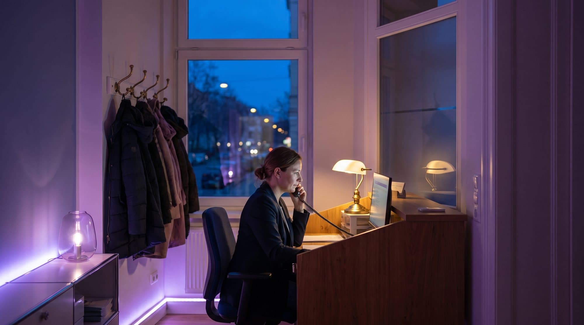 Poliklinikos registratorė prieš atidarymą kalba telefonu prie registratūros, šilta lempos šviesa, už lango mėlyna aušra