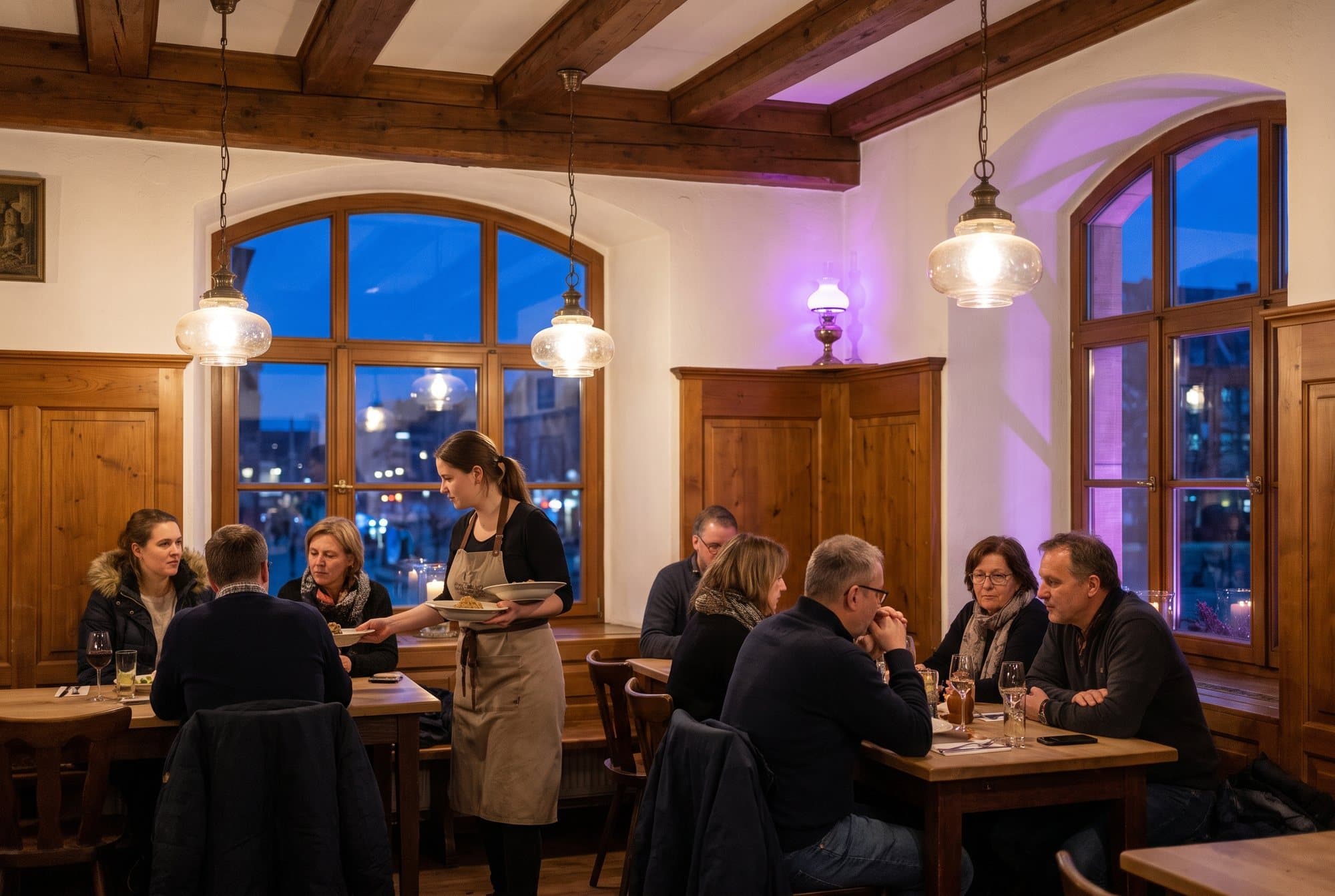 Pilnas restoranas pietų metu, padavėja neša patiekalus svečiams prie medinių stalų